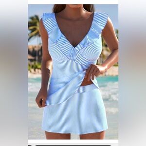 Modily Blue and White Striped tankini swimsuit with Bow Detail. NWTs